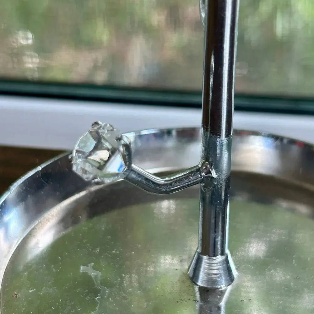 Vintage Chrome Vanity Mirror with Rhinestone Accents and Jewelry Tray – 11”